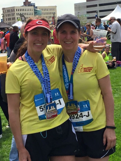 Katie (left) with Rachel at the Cap City Half-Marathon